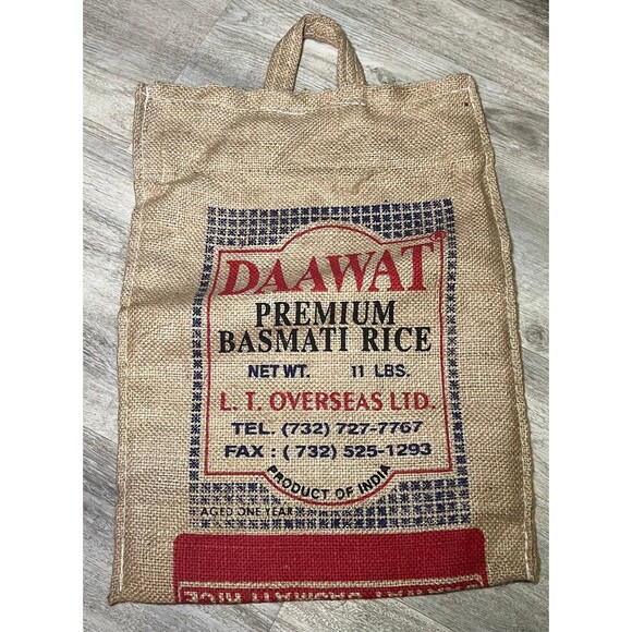 Burlap Hand Bag Daawat Basmati Rice Zipper Closure Gunny Sack‎ Tote - Picture 2 of 2
